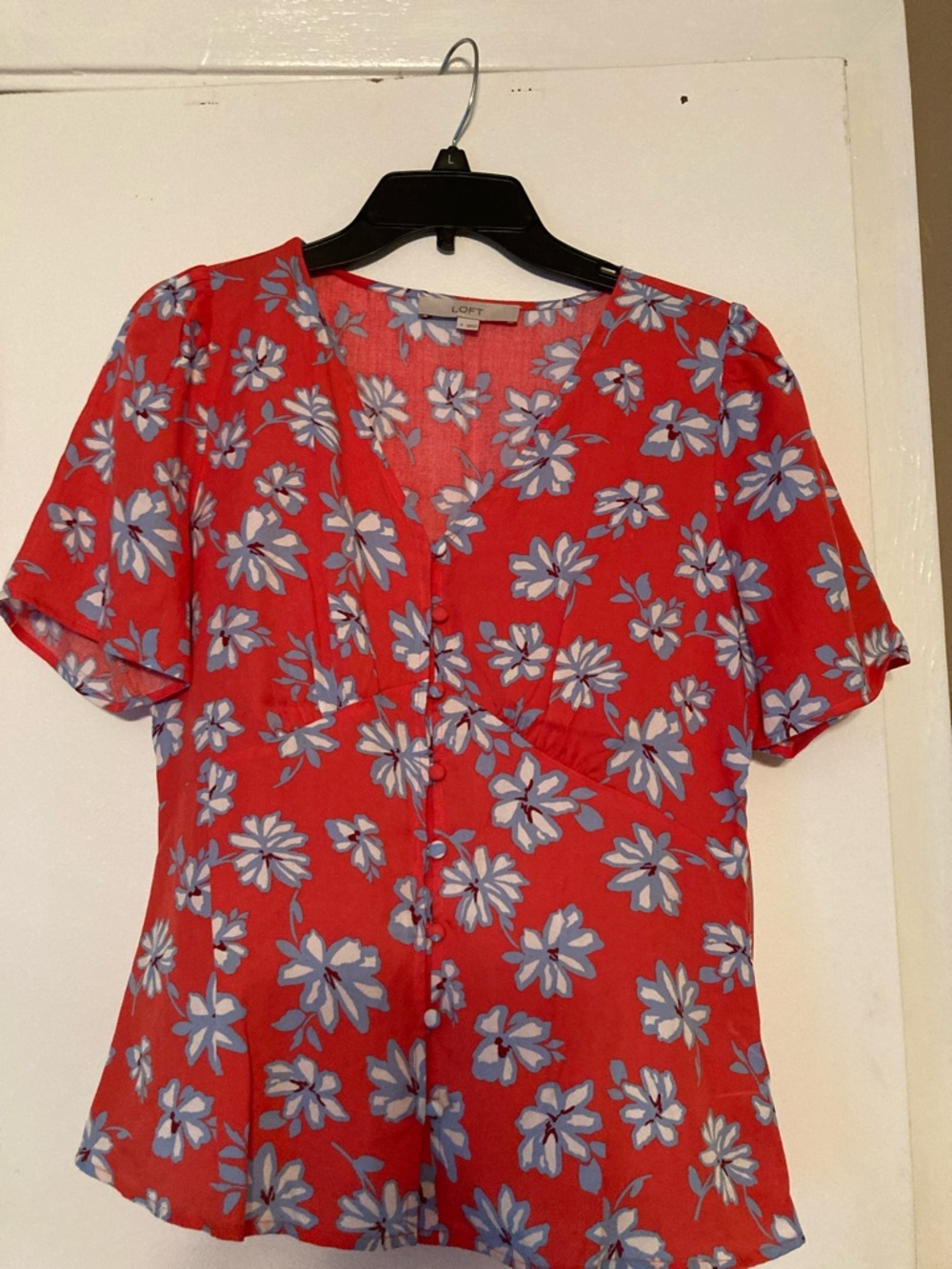 LOFT  Floral V-Neck Button Blouse with Blue Flowers
